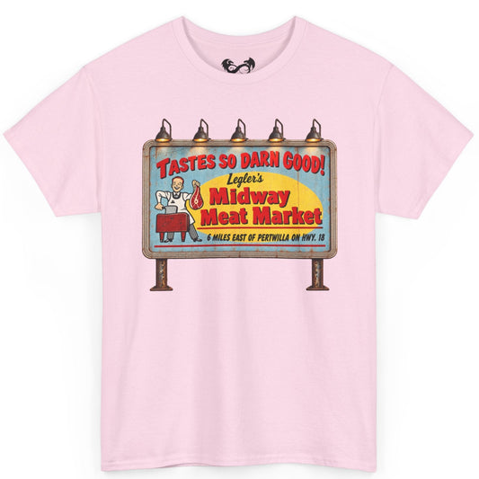 Bring a little vintage roadside horror to your wardrobe with this Jeepers Creepers-inspired Midway Meat Market T-shirt. Featuring the unmistakable retro roadside billboard design, distressed colors, bold red lettering, and classic old-school butcher-shop artwork, this shirt has the perfect mix of creepy, nostalgic, and Americana charm.