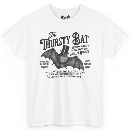 A white short-sleeve crewneck t-shirt featuring a black vintage-style graphic of a bat wearing a top hat with the text 'The Thirsty Bat'.