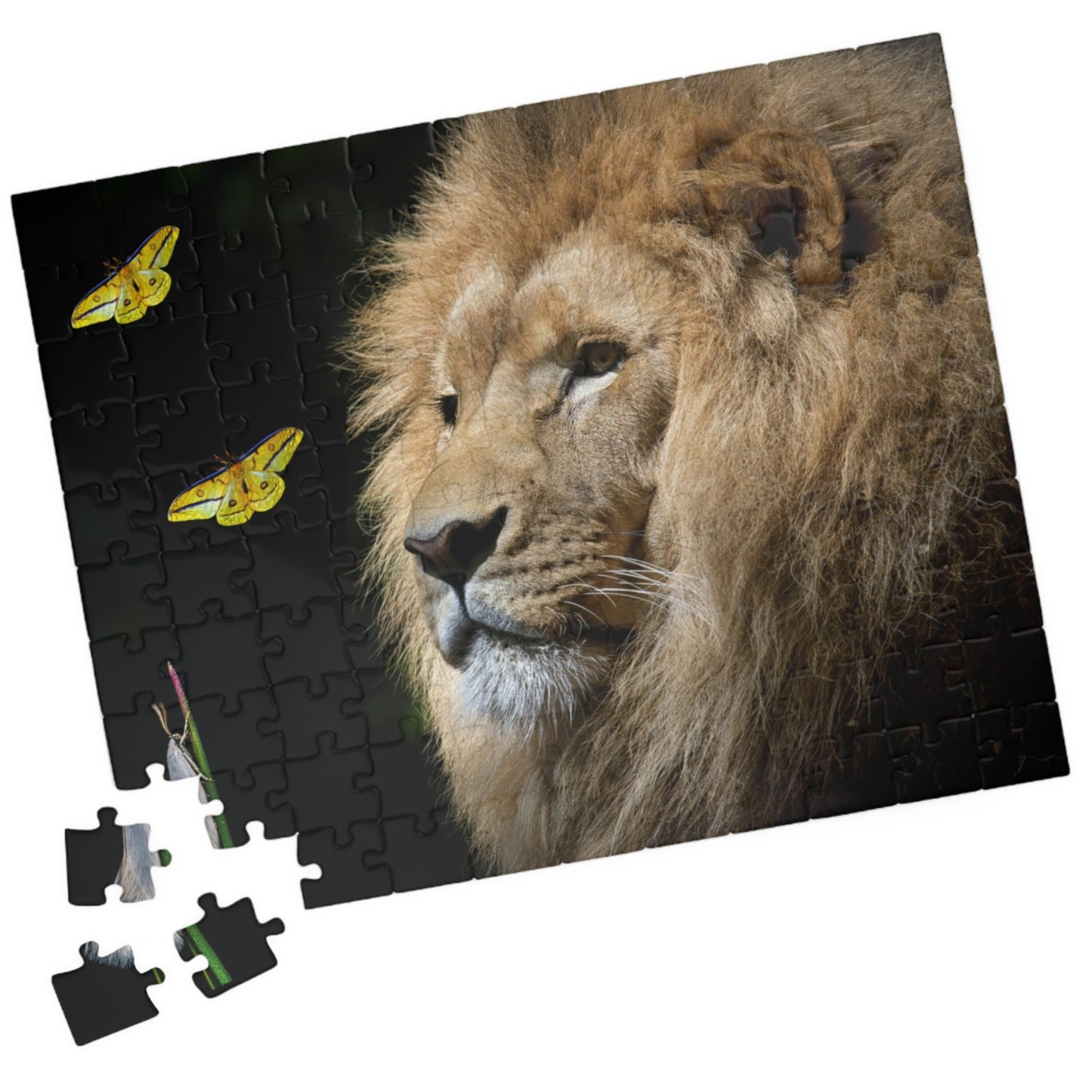 Unleash your adventurous spirit with the Lion & Butterfly Puzzle! Challenge yourself with 110 to 1014 pieces and discover the stunning combination of a majestic lion and delicate butterfly. As you put together this high-quality puzzle, experience the thrill of completing a daring mission.