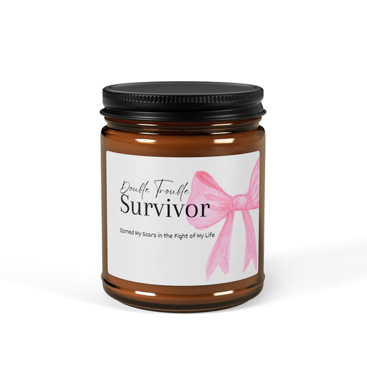 Candle jar with a label featuring a pink ribbon and text on a white background