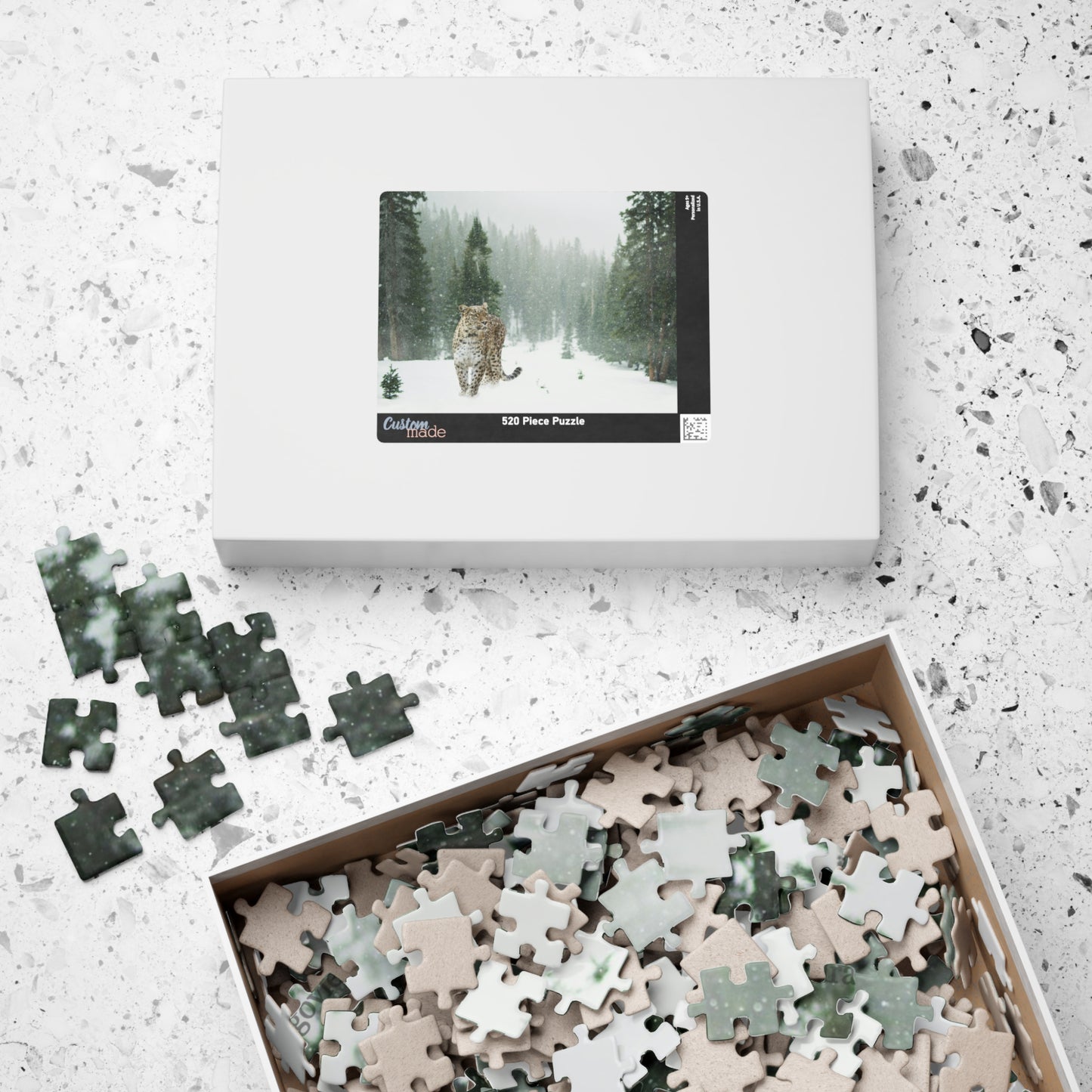 Take on the challenge of this Leopard In A Snow Storm Puzzle! With 110 to 1014 pieces, this puzzle will put your skills to the test as you piece together a stunning image of a leopard in its natural habitat.