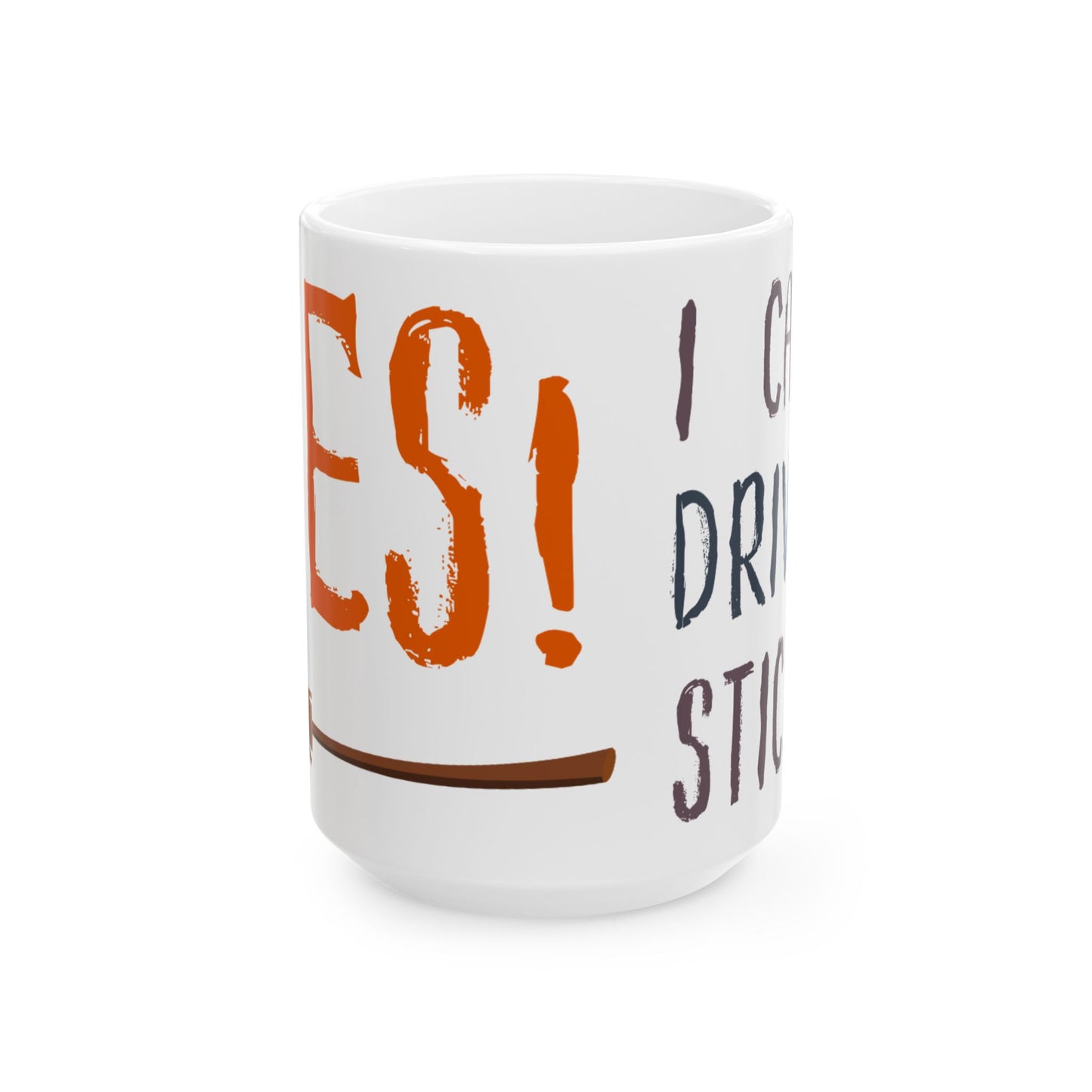 White mug with text 'YES!' in orange and 'I only drink stout' in brown on a white background
