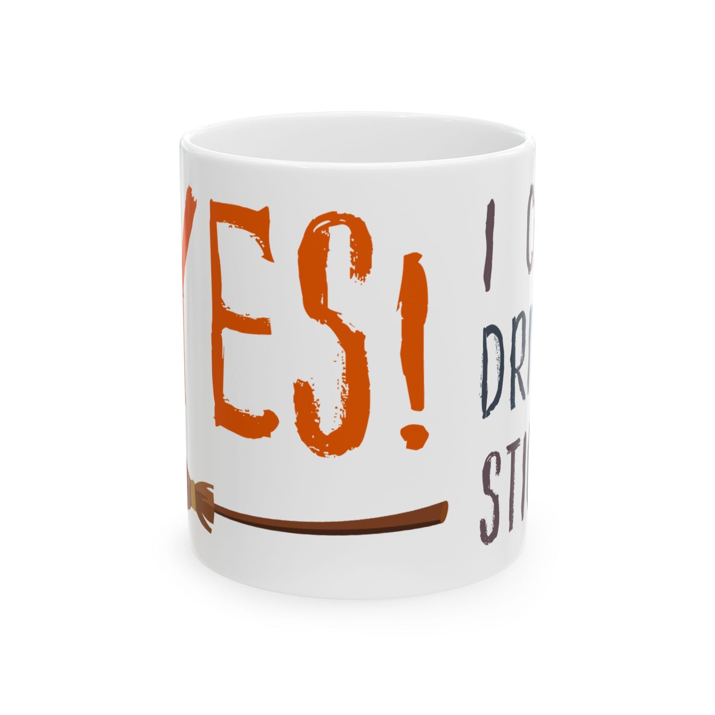White mug with orange and black text on a white background