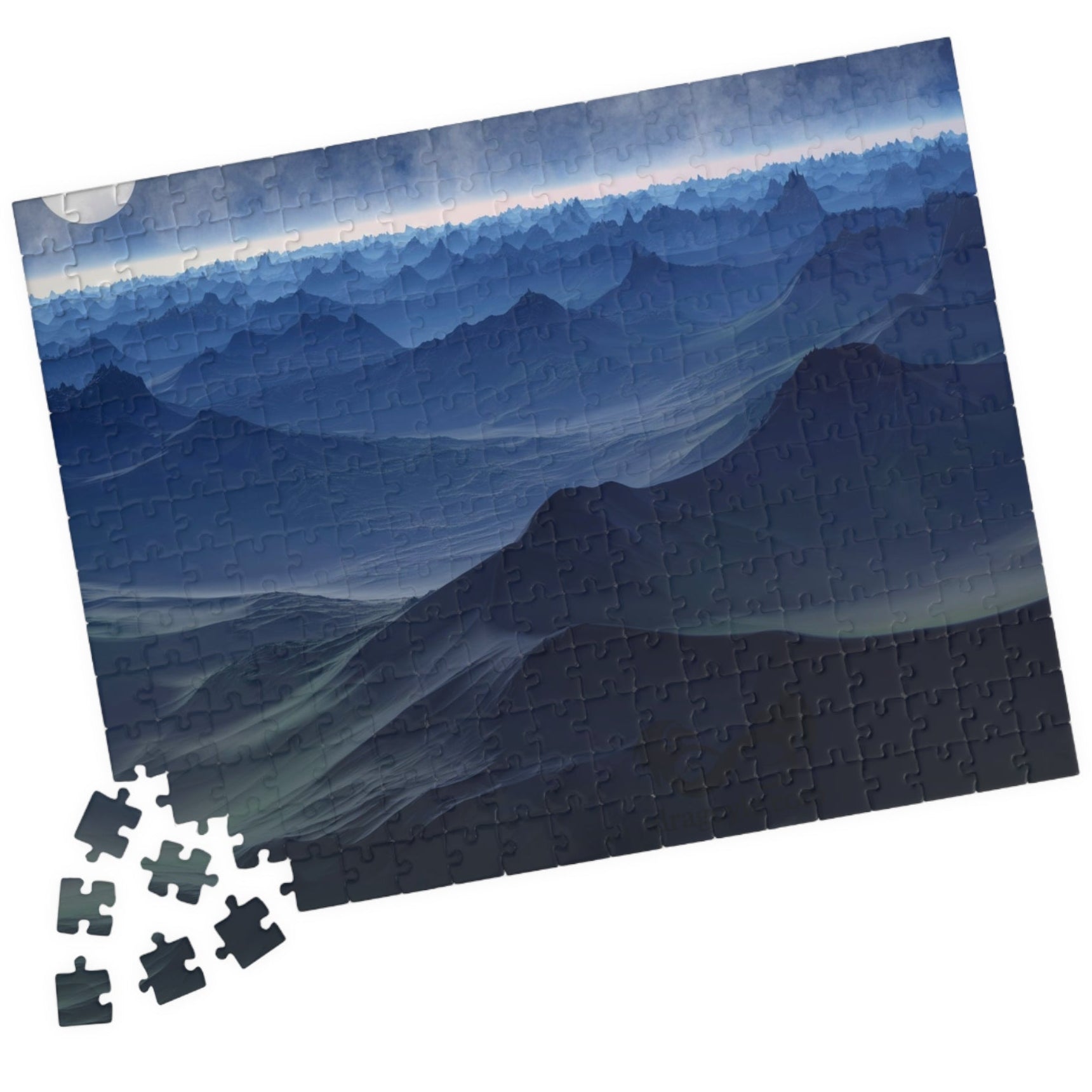 Experience the beauty of the night sky with our Blue Moon Landscape Puzzle. With 110 to 1014 pieces, this puzzle will challenge and delight any puzzle enthusiast. Piece together a stunning landscape with a breathtaking blue moon as the centerpiece.