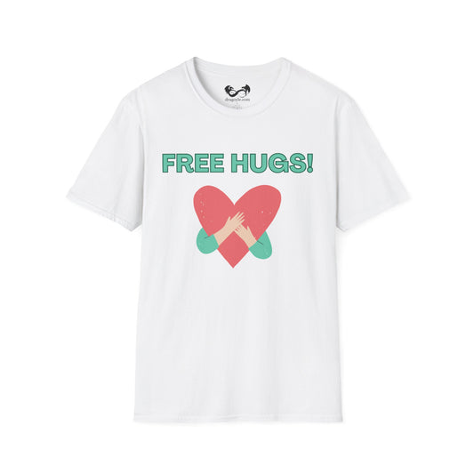 White t-shirt with 'FREE HUGS!' text and a heart graphic on a white background