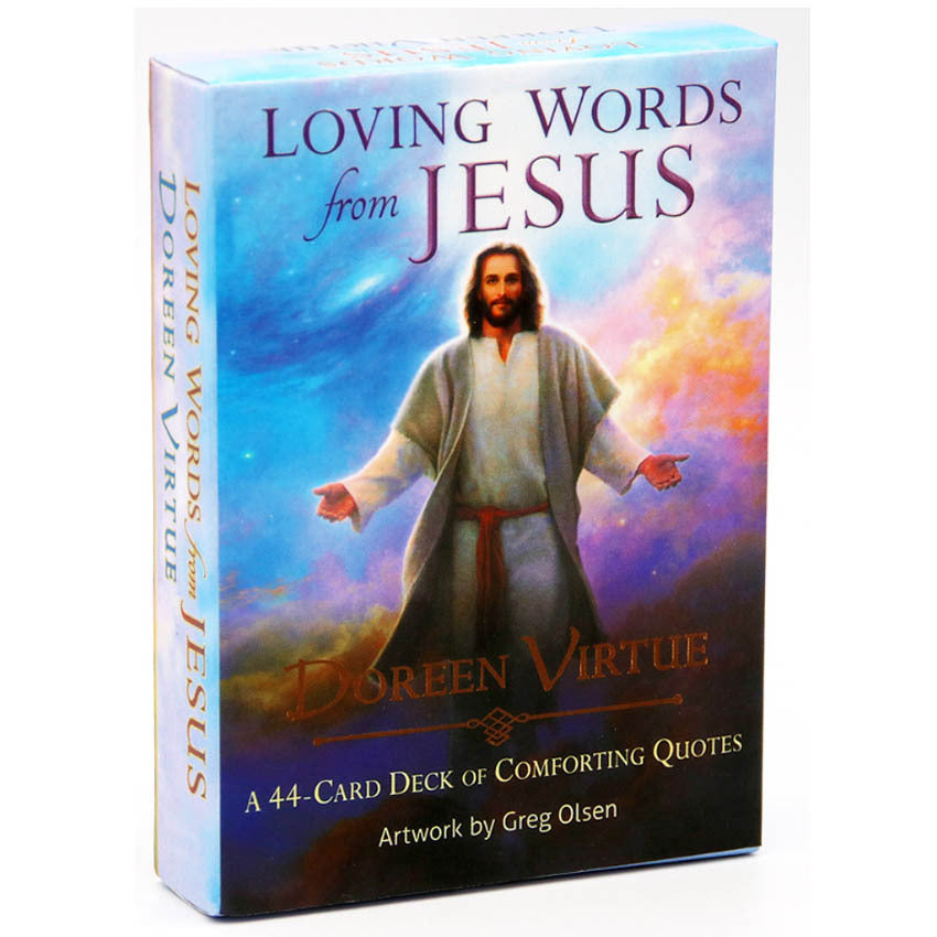 Card deck packaging titled 'Loving Words from Jesus' by Doreen Virtue with a depiction of Jesus on the cover.