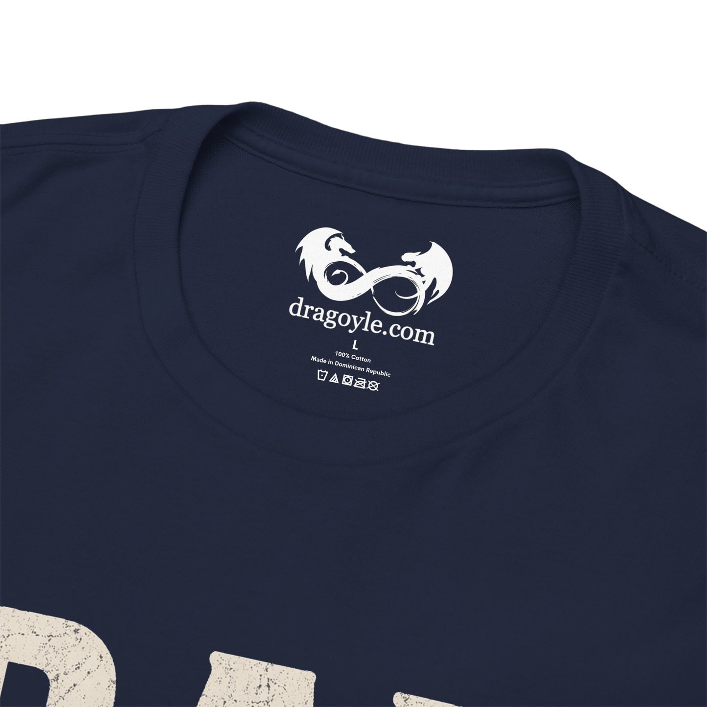 Navy blue t-shirt with white Dragoyle.com logo and text on a white background