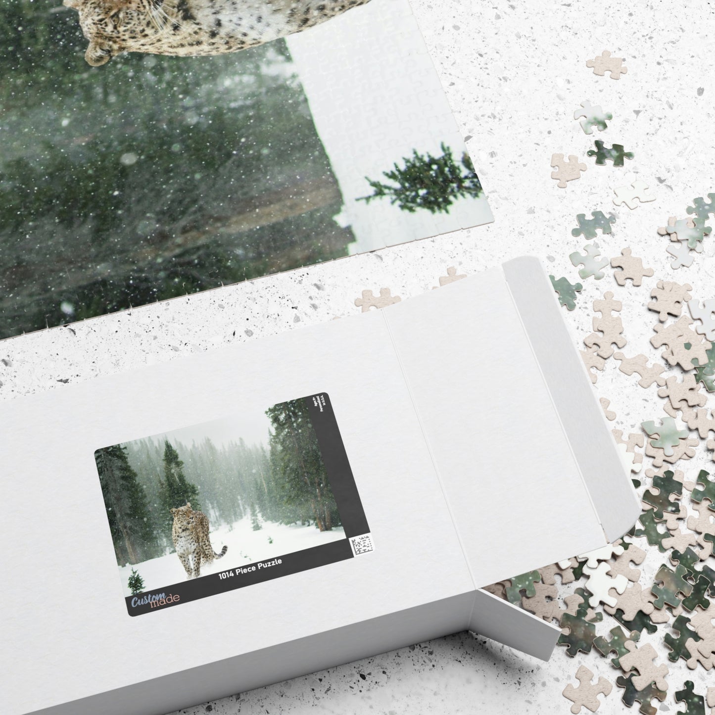 Take on the challenge of this Leopard In A Snow Storm Puzzle! With 110 to 1014 pieces, this puzzle will put your skills to the test as you piece together a stunning image of a leopard in its natural habitat.