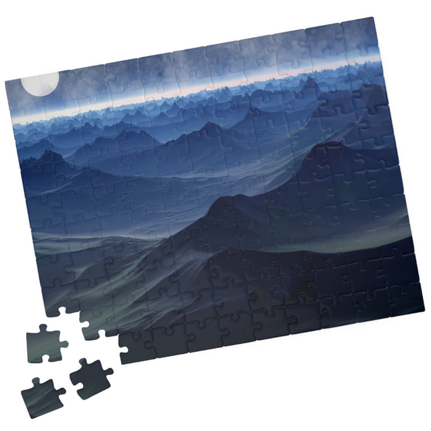 Experience the beauty of the night sky with our Blue Moon Landscape Puzzle. With 110 to 1014 pieces, this puzzle will challenge and delight any puzzle enthusiast. Piece together a stunning landscape with a breathtaking blue moon as the centerpiece.
