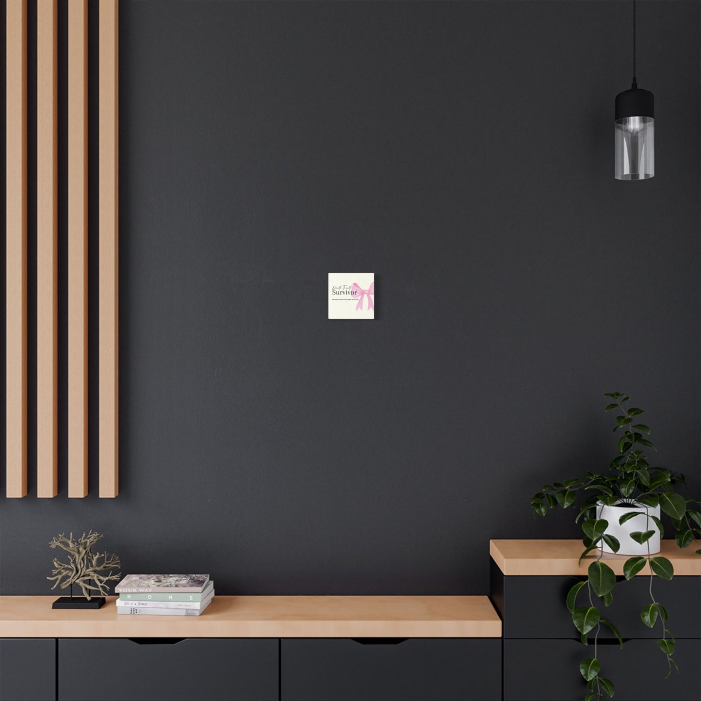Modern interior with a black wall, wooden shelf, and plant