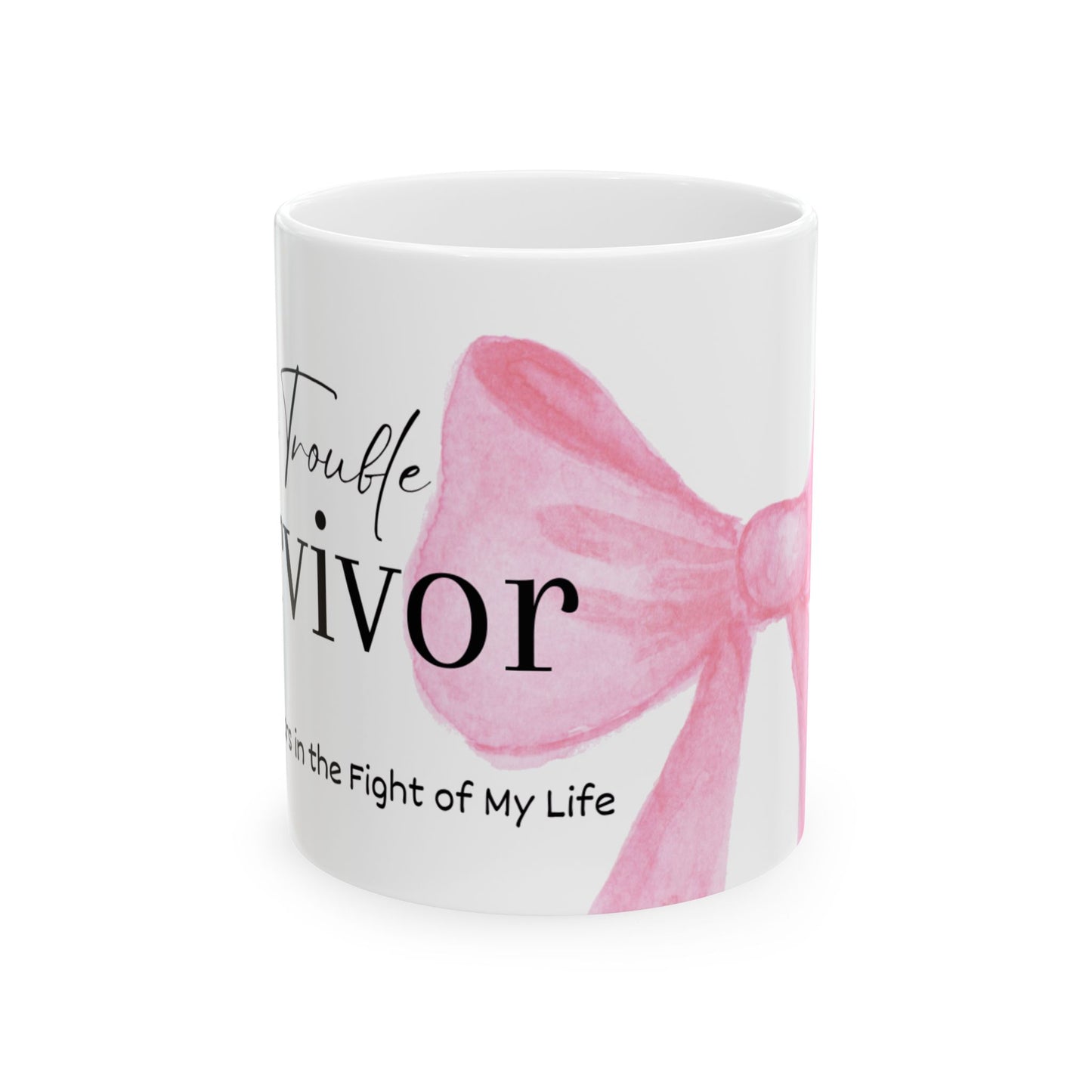 White mug with pink bow and text on a white background