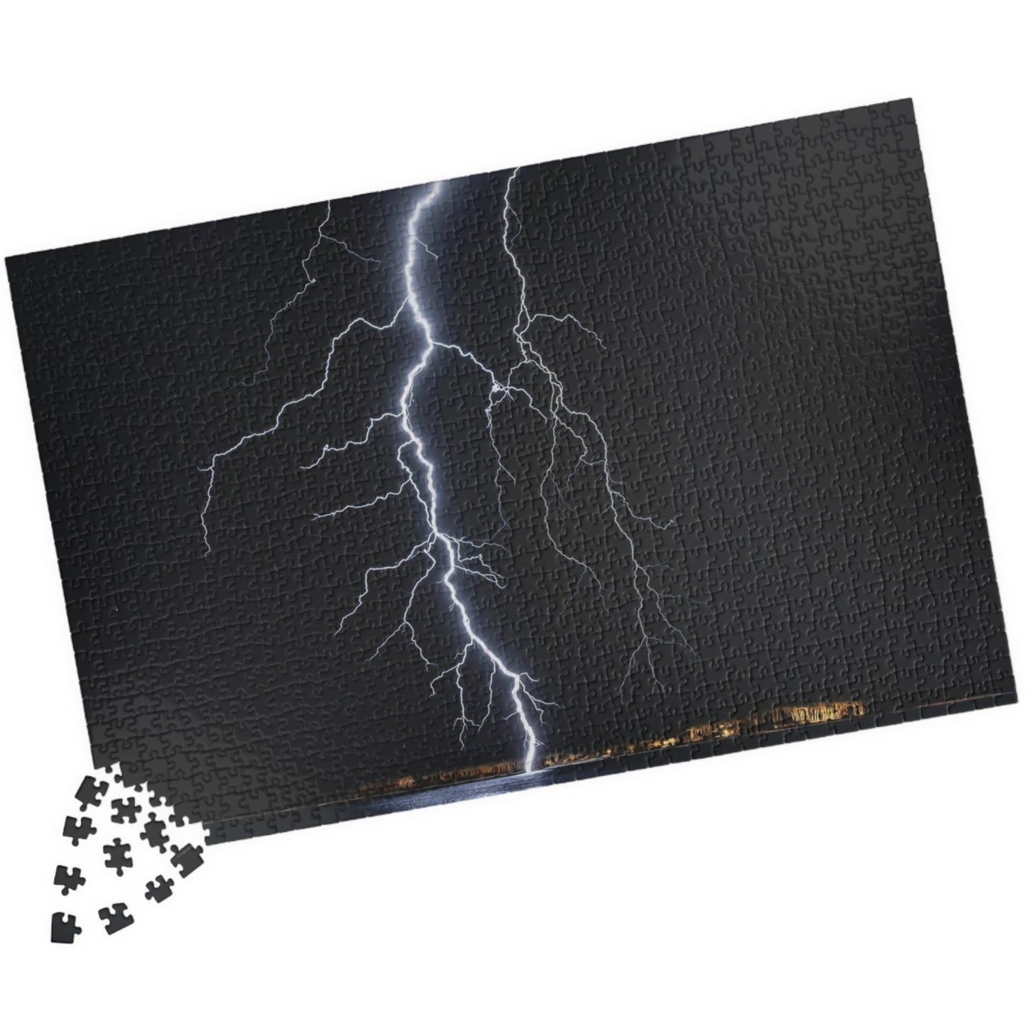 Experience the awe-inspiring beauty of nature with our Lightening Strikes Water Puzzle. This 110 to 1014 piece puzzle features a striking image of a lightning storm over a serene body of water. Challenge your mind and calm your soul with this captivating puzzle.