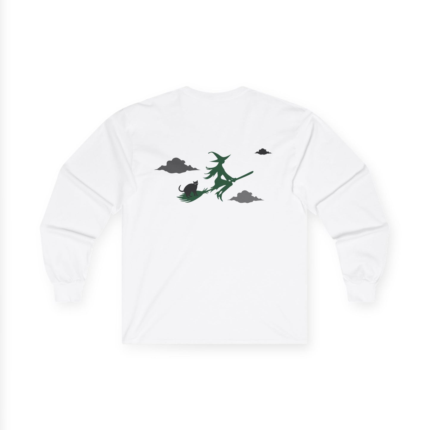 White sweatshirt with green witch design on a white background