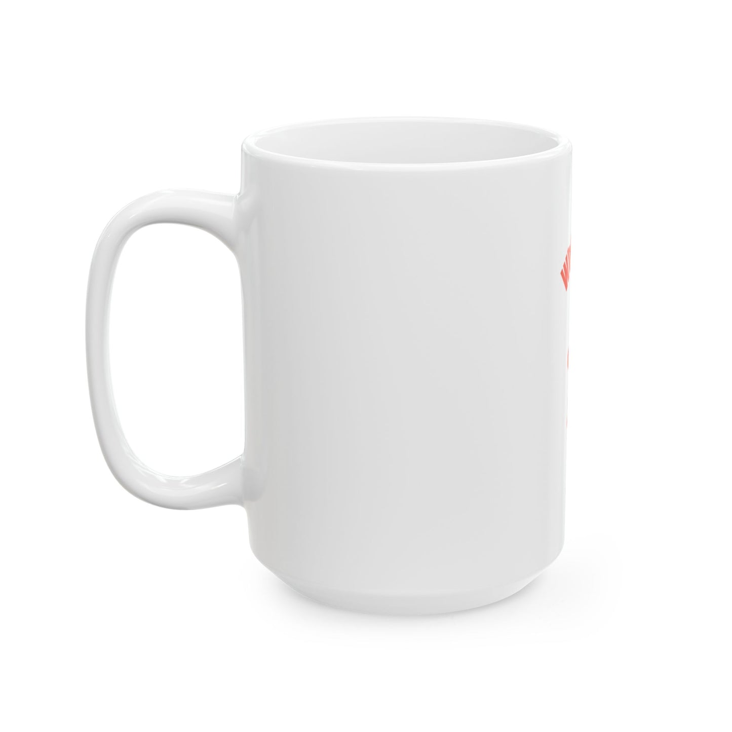 White mug with a small red logo on a white background