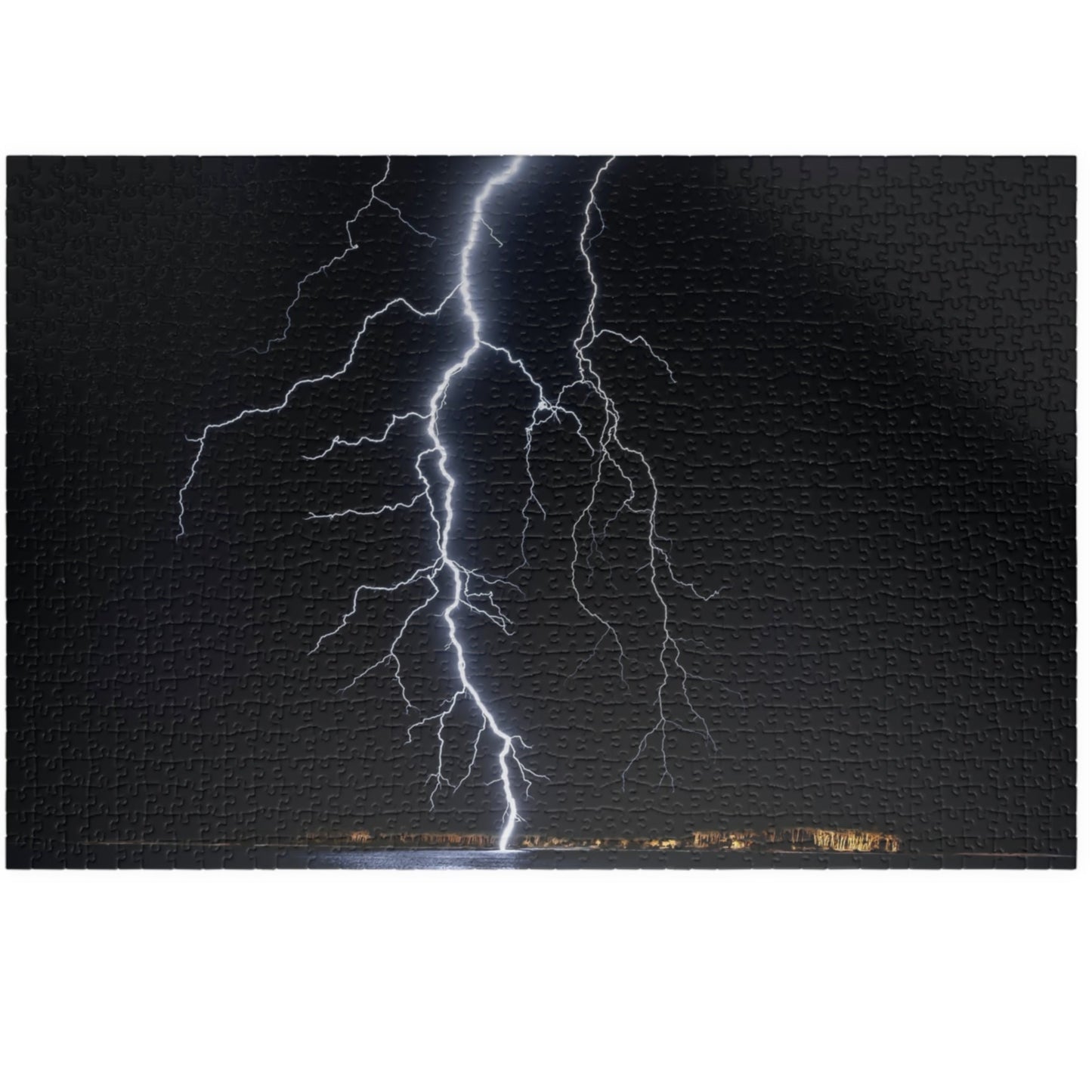 Experience the awe-inspiring beauty of nature with our Lightening Strikes Water Puzzle. This 110 to 1014 piece puzzle features a striking image of a lightning storm over a serene body of water. Challenge your mind and calm your soul with this captivating puzzle.