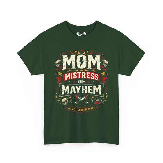 Green t-shirt with 'Mom Mistress of Mayhem' text design on a white background