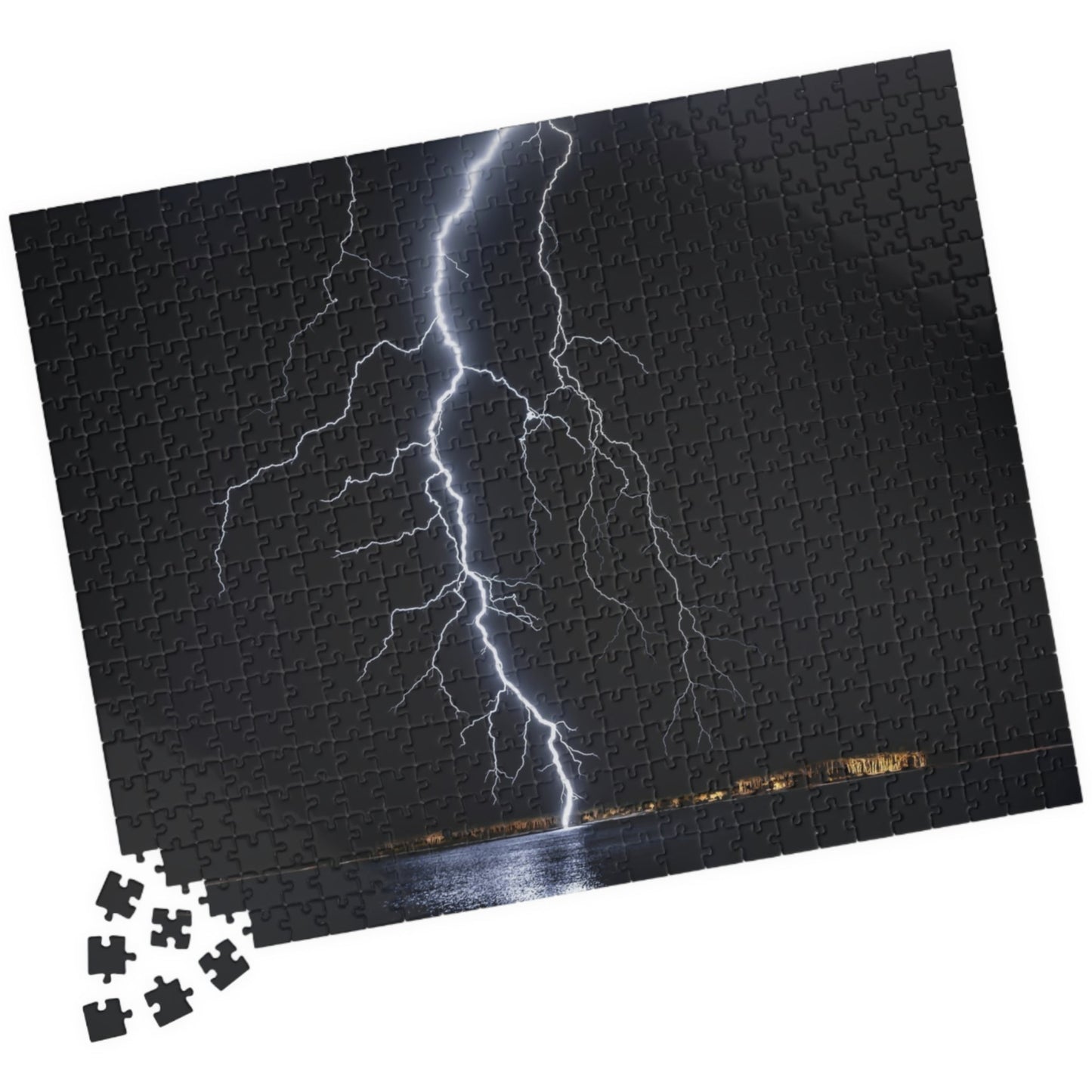 Experience the awe-inspiring beauty of nature with our Lightening Strikes Water Puzzle. This 110 to 1014 piece puzzle features a striking image of a lightning storm over a serene body of water. Challenge your mind and calm your soul with this captivating puzzle.