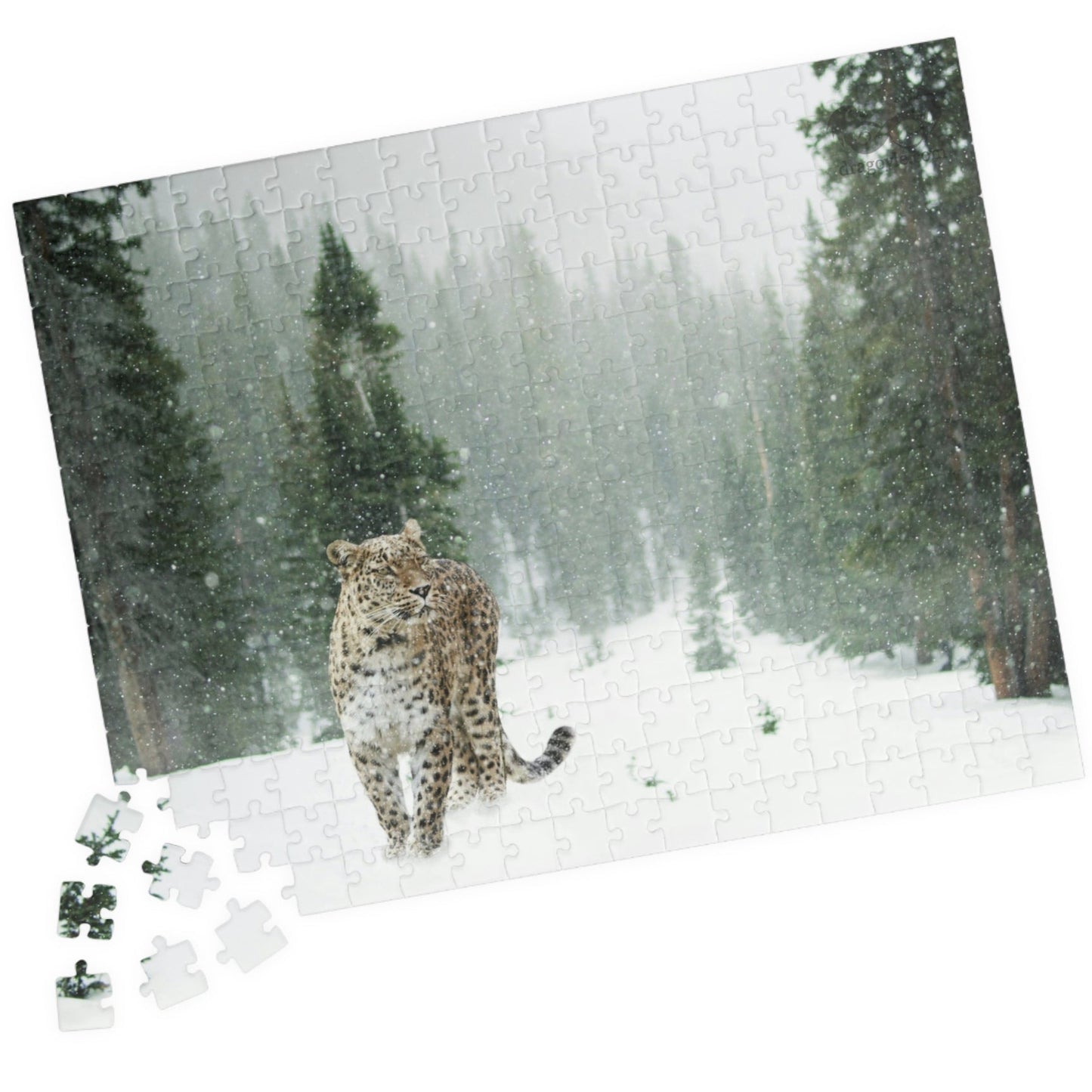 Take on the challenge of this Leopard In A Snow Storm Puzzle! With 110 to 1014 pieces, this puzzle will put your skills to the test as you piece together a stunning image of a leopard in its natural habitat.