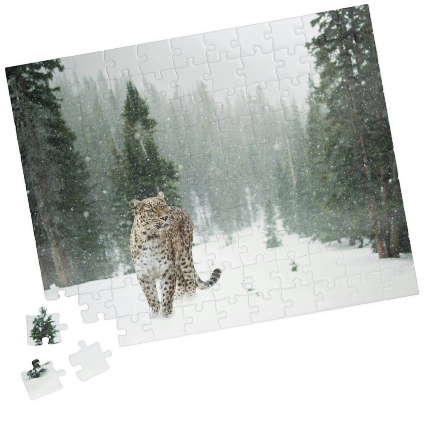 Take on the challenge of this Leopard In A Snow Storm Puzzle! With 110 to 1014 pieces, this puzzle will put your skills to the test as you piece together a stunning image of a leopard in its natural habitat.