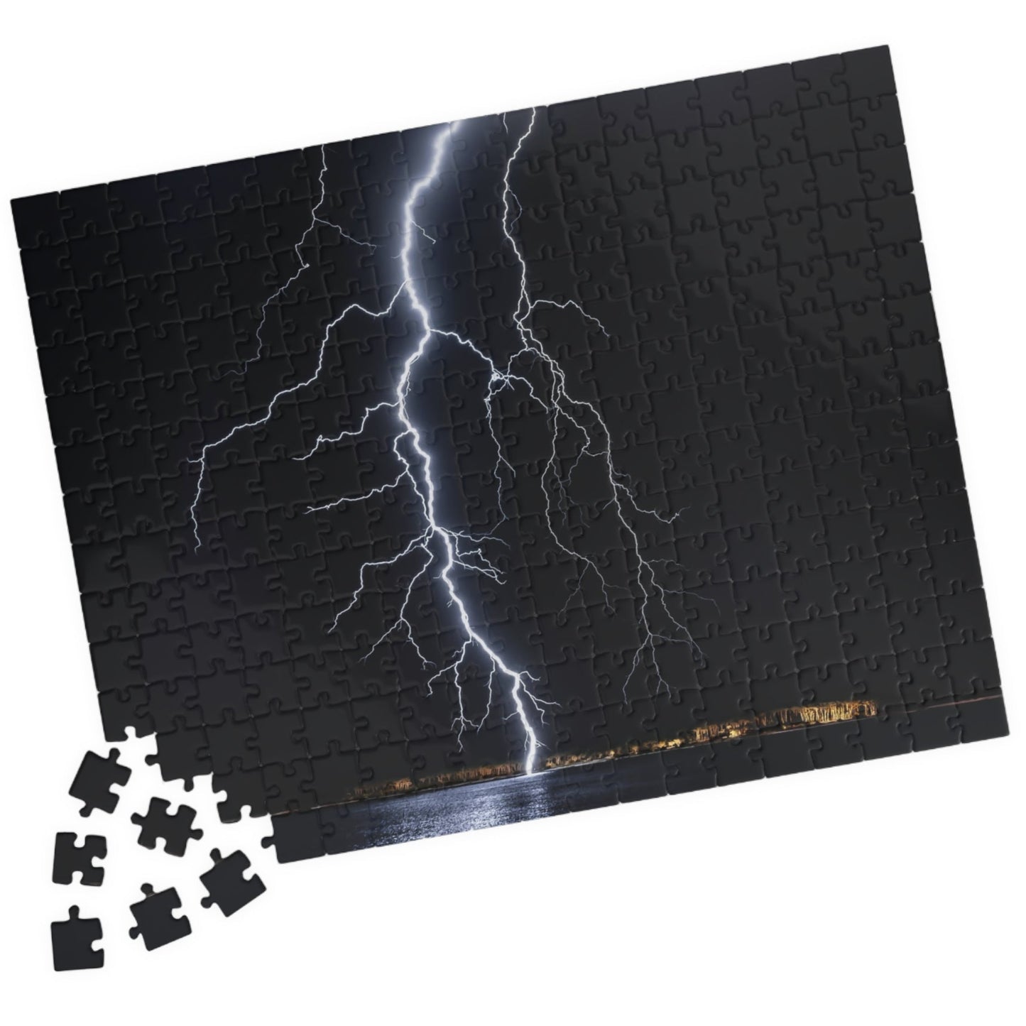 Experience the awe-inspiring beauty of nature with our Lightening Strikes Water Puzzle. This 110 to 1014 piece puzzle features a striking image of a lightning storm over a serene body of water. Challenge your mind and calm your soul with this captivating puzzle.