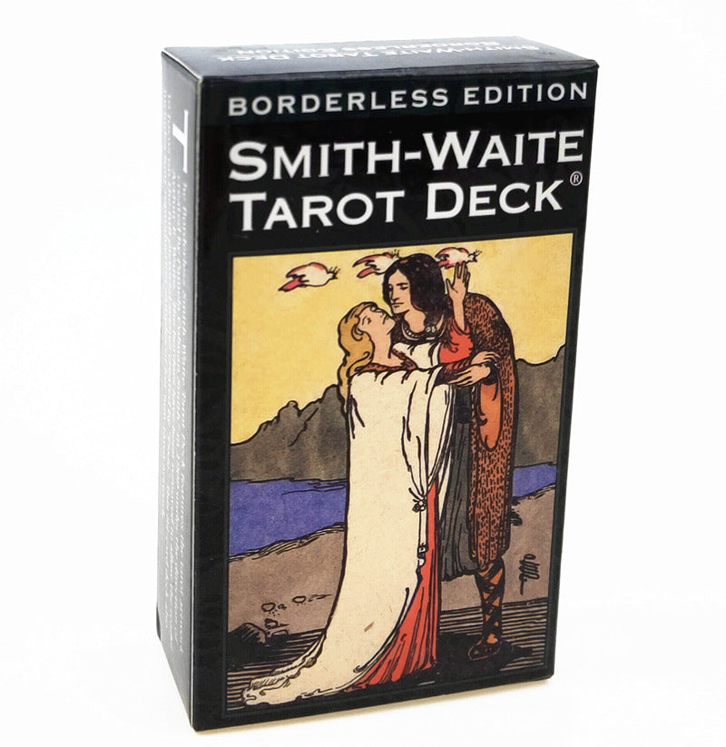 Smith-Waite Tarot Deck packaging with illustration of a woman and child on a mountain landscape.
