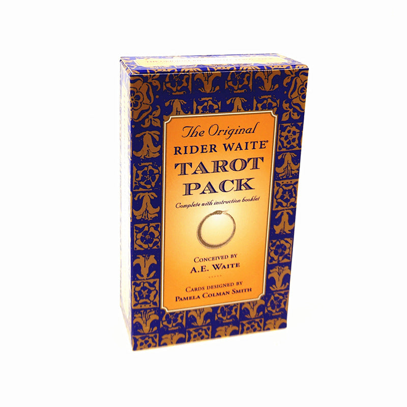 Box of The Original Rider Waite Tarot Pack with decorative blue and gold design.