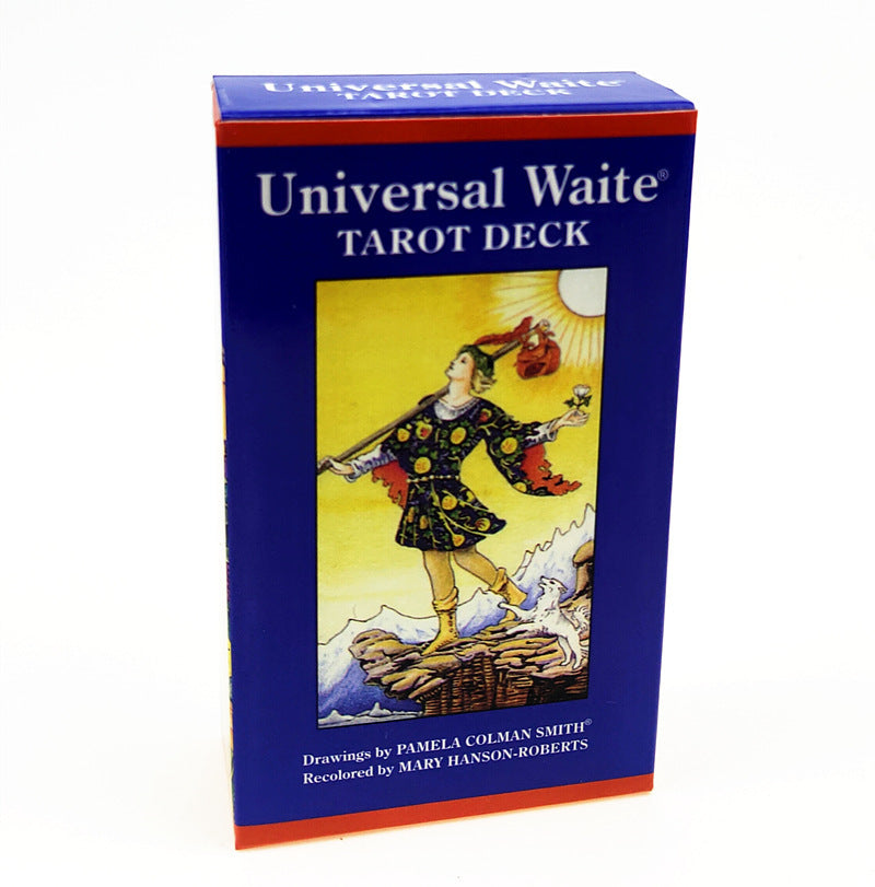 Tarot deck packaging with a colorful illustration on a blue background