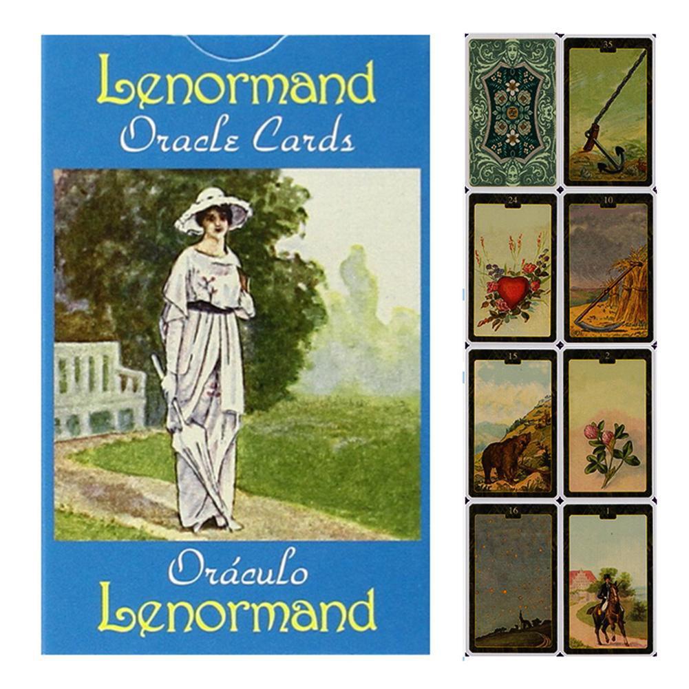 Lenormand Oracle Cards packaging with illustrations of a woman and tarot cards.