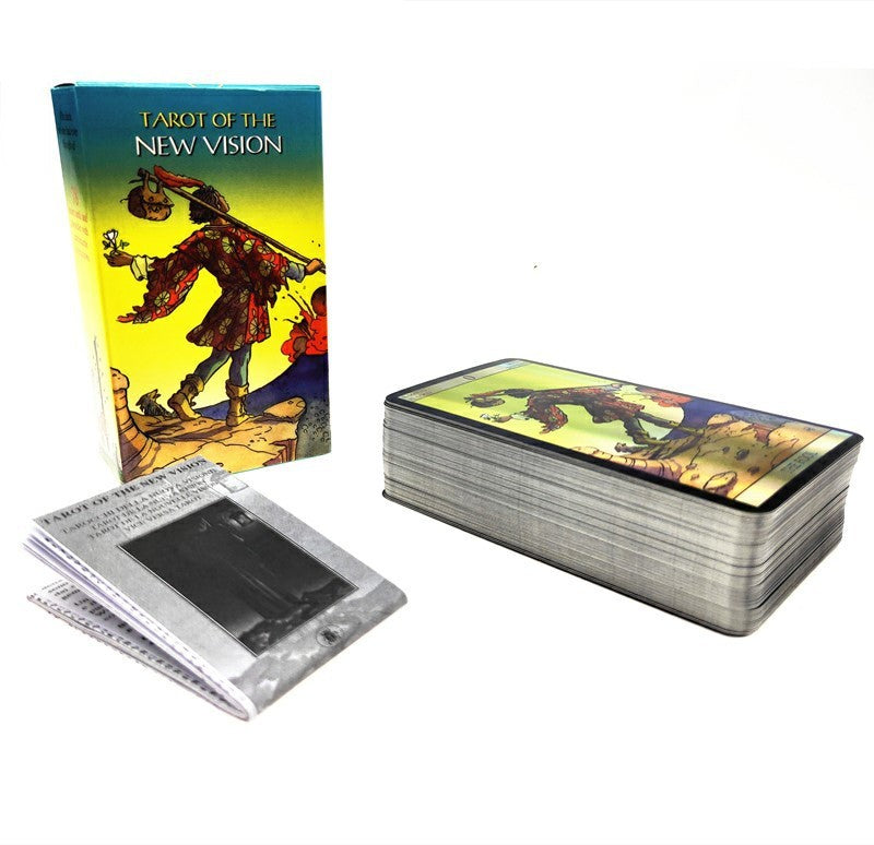 Tarot cards with colorful artwork and a box labeled 'Tarot of the New Vision' on a white background.