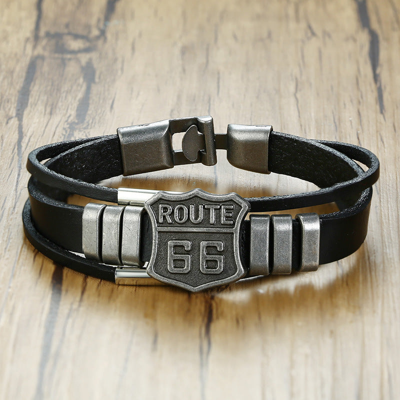 Route 66 Leather Alloy Retro Bracelet