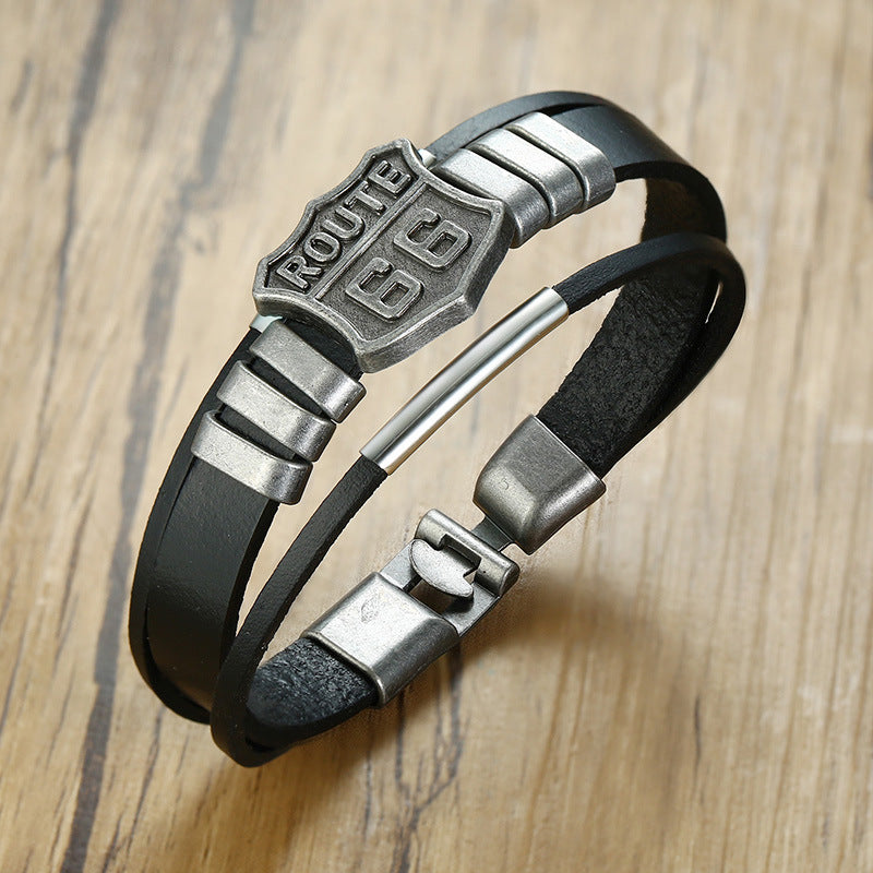 Route 66 Leather Alloy Retro Bracelet
