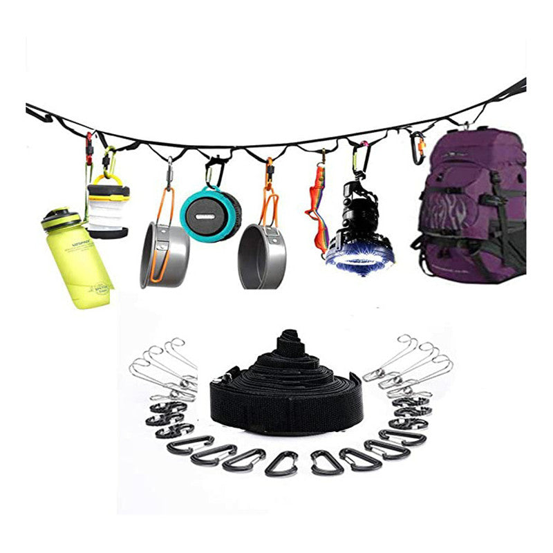 amping Storage Lanyard Clothesline. With 27 rope-covered metal clips, you can easily and securely attach items like towels, hats, gloves and more while camping or outdoors.