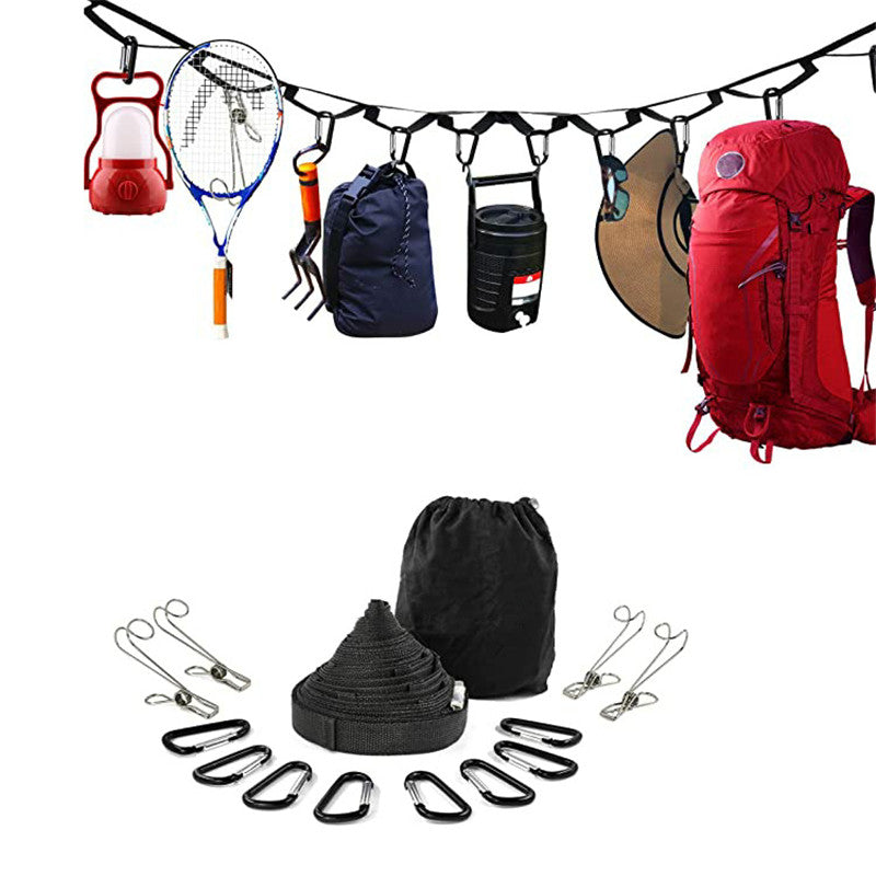 amping Storage Lanyard Clothesline. With 27 rope-covered metal clips, you can easily and securely attach items like towels, hats, gloves and more while camping or outdoors.