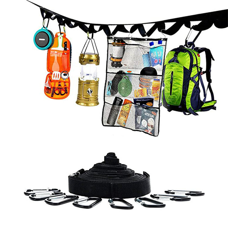 amping Storage Lanyard Clothesline. With 27 rope-covered metal clips, you can easily and securely attach items like towels, hats, gloves and more while camping or outdoors.