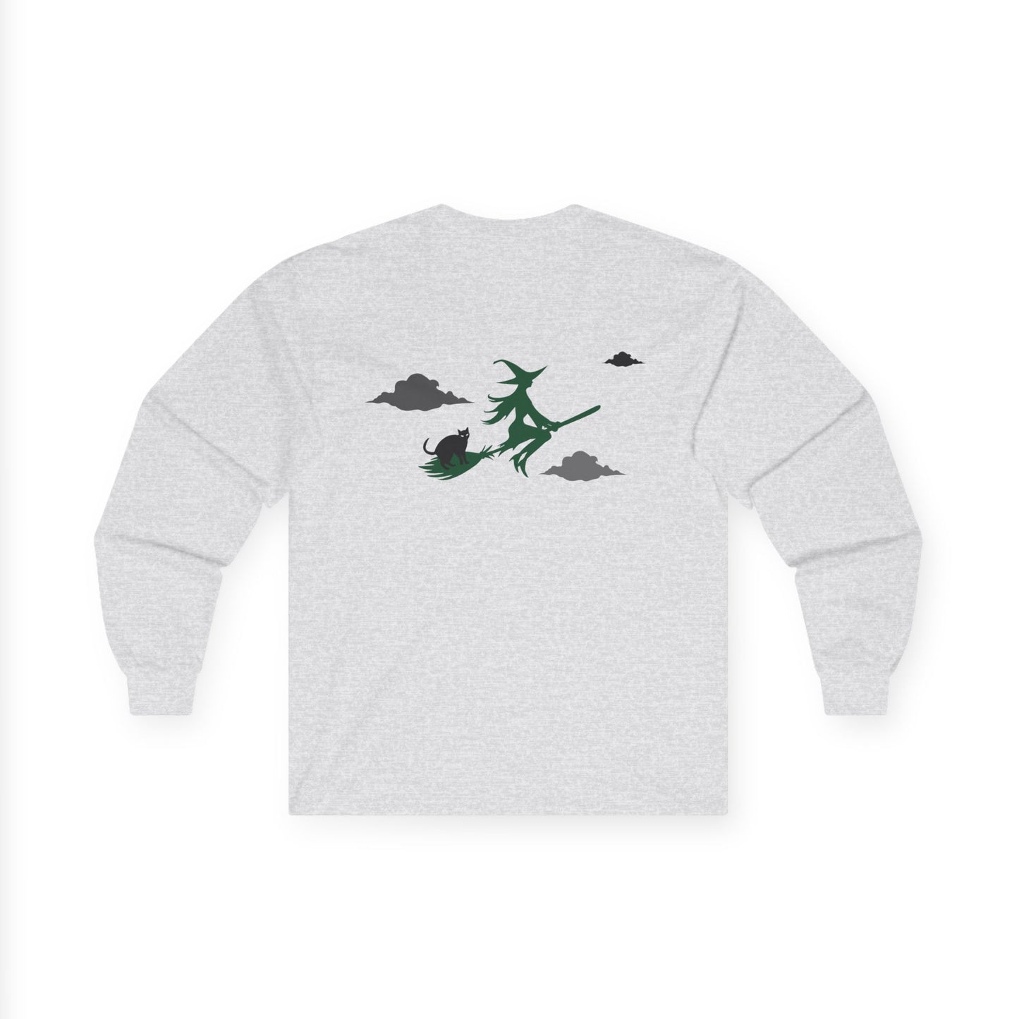 Gray sweatshirt with a green witch design on the back against a white background
