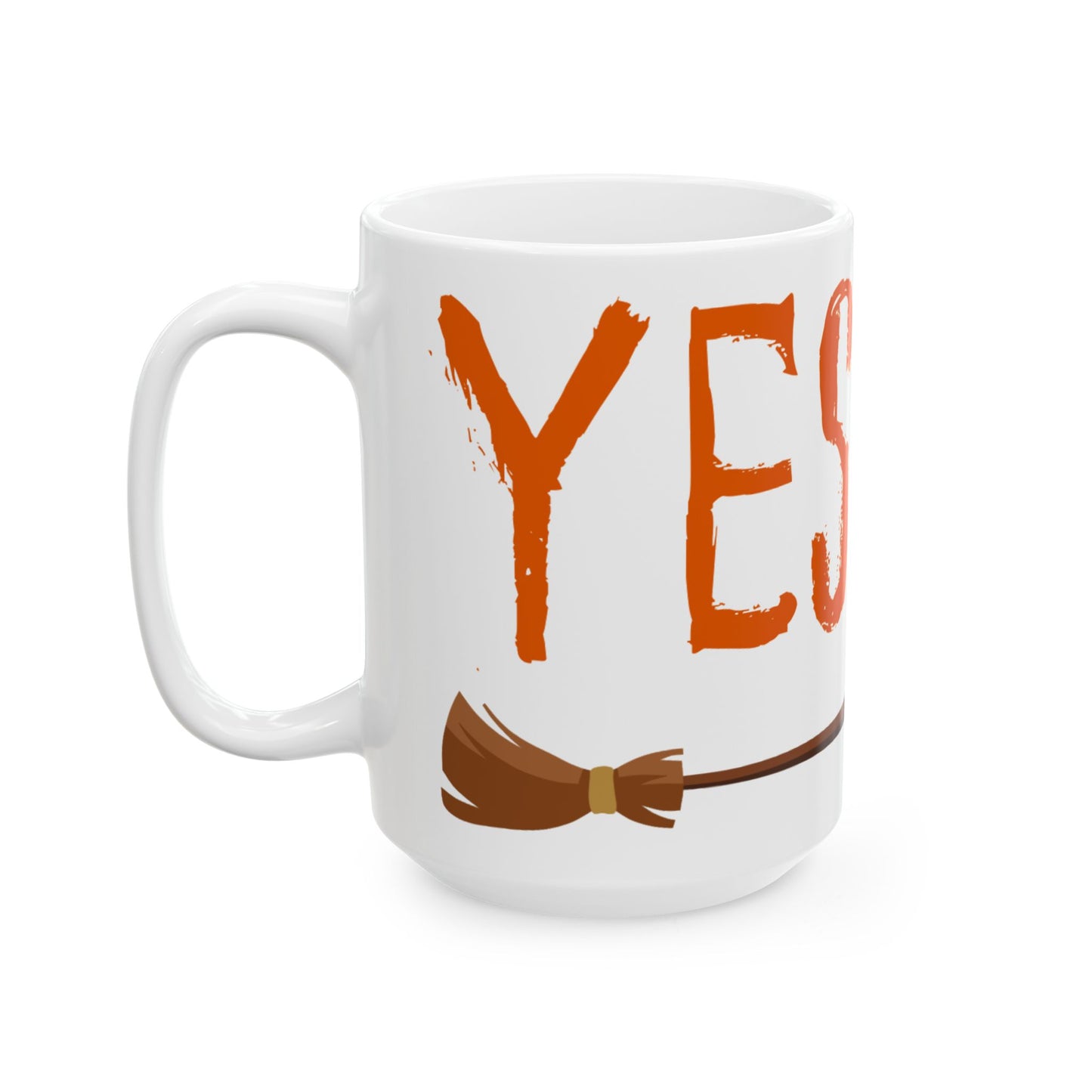 White mug with orange text and a broom graphic on a white background