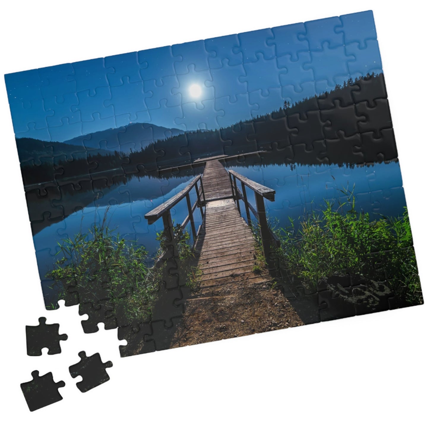 Experience the calming beauty of the Blue Moon At The Lake Puzzle. With 110 to 1014 pieces, this puzzle is perfect for all levels. Immerse yourself in the artistry of the blue moon reflecting on the serene lake, and feel the peace and tranquility it brings. A delightful challenge for any puzzle enthusiast.