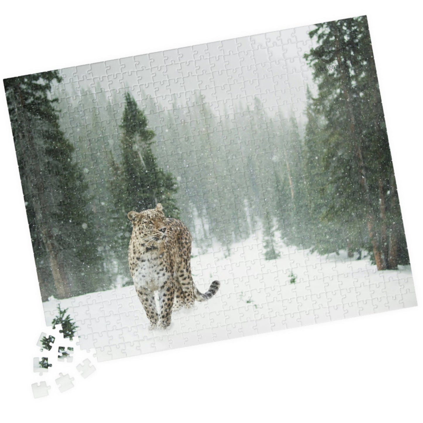 Take on the challenge of this Leopard In A Snow Storm Puzzle! With 110 to 1014 pieces, this puzzle will put your skills to the test as you piece together a stunning image of a leopard in its natural habitat.