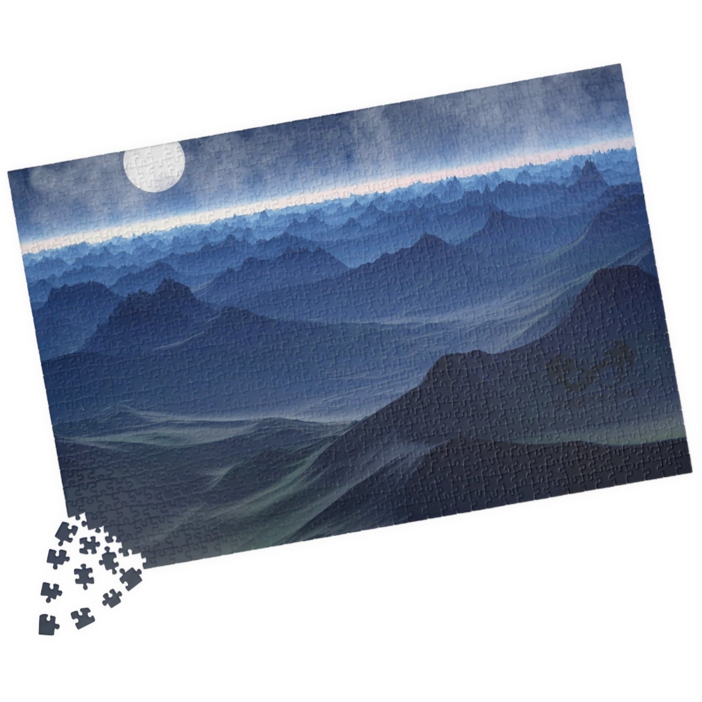 Experience the beauty of the night sky with our Blue Moon Landscape Puzzle. With 110 to 1014 pieces, this puzzle will challenge and delight any puzzle enthusiast. Piece together a stunning landscape with a breathtaking blue moon as the centerpiece.