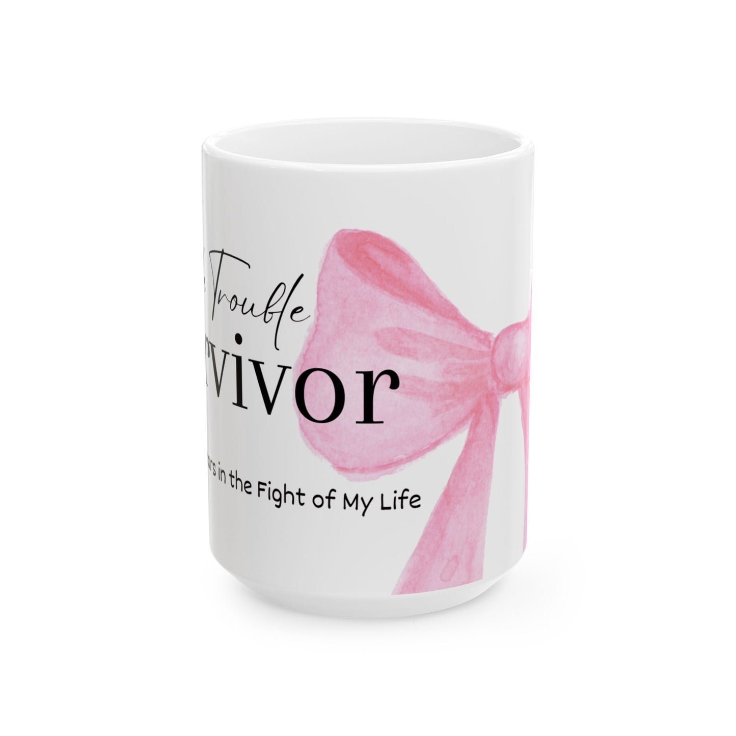 White mug with pink bow design and text on a white background