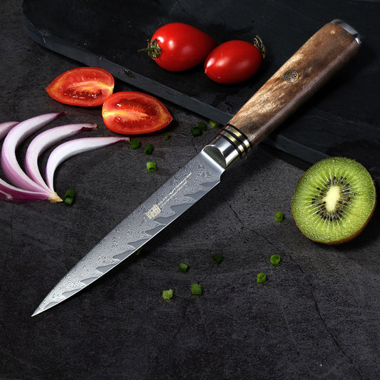 Expertly crafted with exquisite Damascus wood and bone, this 5 inch paring knife is a must-have for any kitchen. The unique pattern of the wood and bone combined with the sharp blade provides optimal slicing and precision.