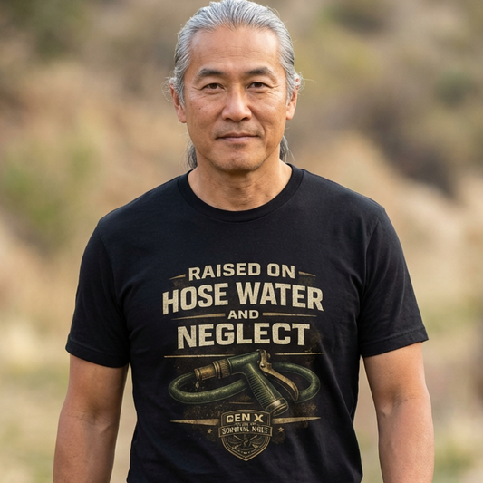 Man wearing a black t-shirt with text and graphic in a desert setting