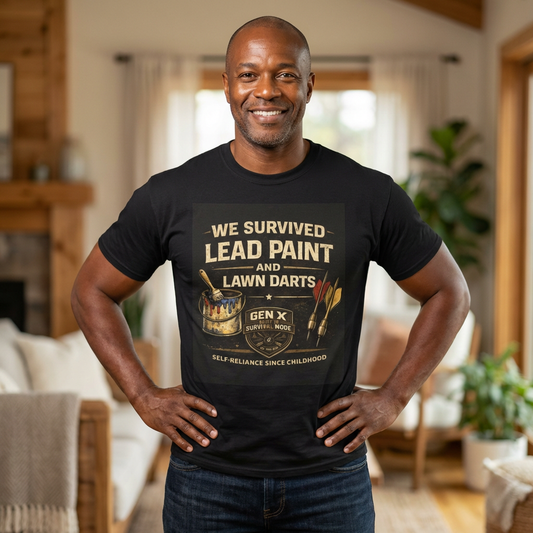 Man wearing a black t-shirt with a humorous graphic and text in a living room.