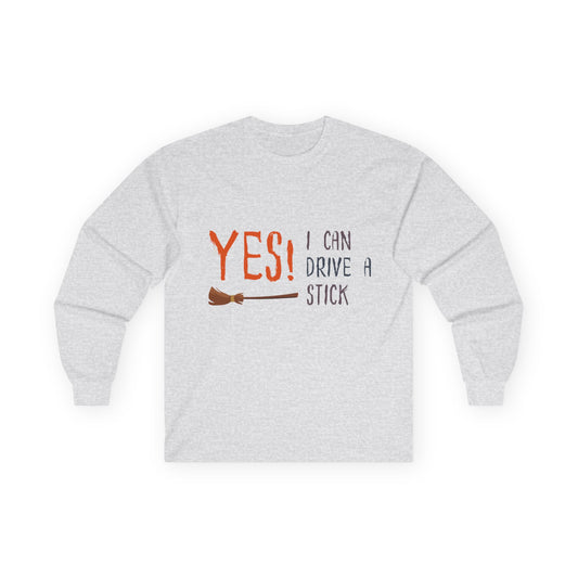 Gray sweatshirt with 'YES! I can drive a stick' text on a white background
