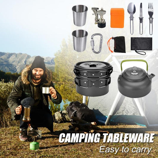 Crafted from durable aluminum, these camping cookware kits offer lightweight and efficient heat distribution for outdoor cooking. Designed for ease of use and portability, they include essential pots and pans to prepare meals effortlessly while camping.