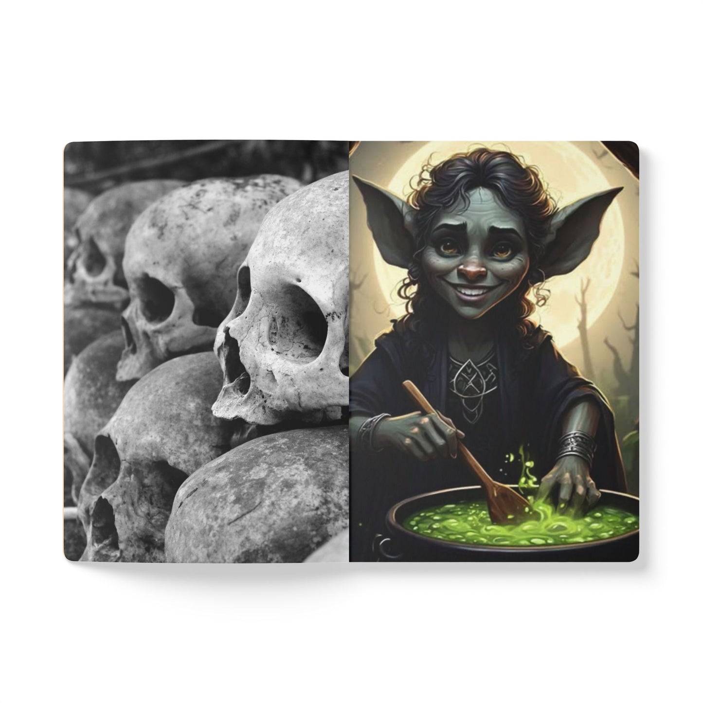 Two side-by-side images: one of skulls and the other of a character with pointed ears stirring green liquid.