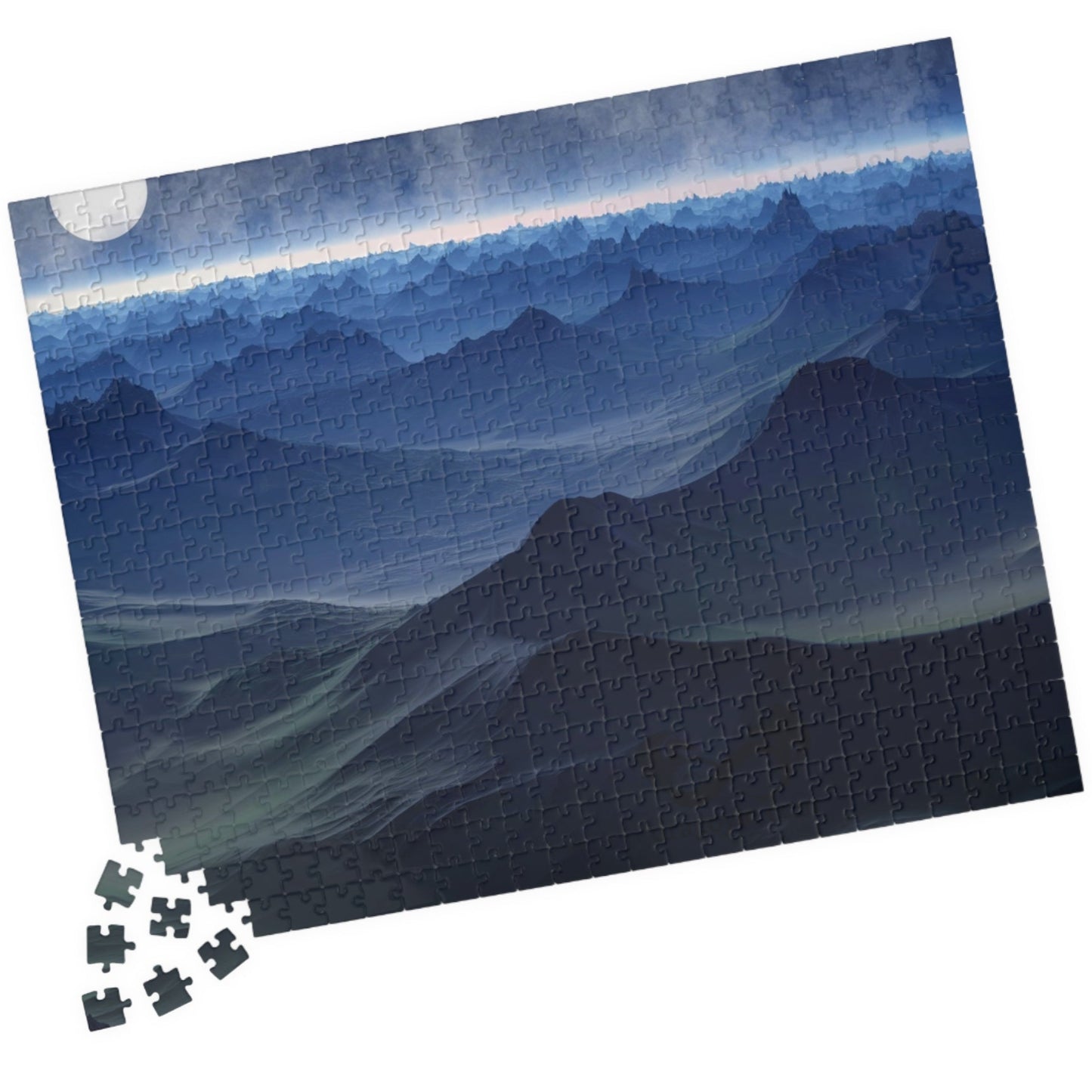 Experience the beauty of the night sky with our Blue Moon Landscape Puzzle. With 110 to 1014 pieces, this puzzle will challenge and delight any puzzle enthusiast. Piece together a stunning landscape with a breathtaking blue moon as the centerpiece.