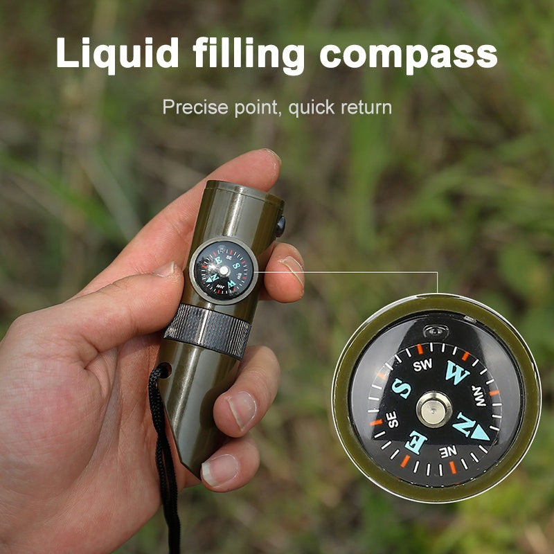 This 7-in-1 Survival Whistle is an essential accessory for any outdoor enthusiast. Featuring a thermometer, compass, flint, signal mirror, and other emergency supplies, this whistle is designed to give you the edge in any situation.