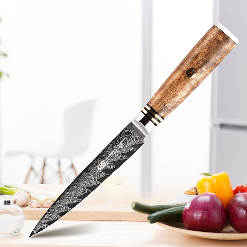 Expertly crafted with exquisite Damascus wood and bone, this 5 inch paring knife is a must-have for any kitchen. The unique pattern of the wood and bone combined with the sharp blade provides optimal slicing and precision.