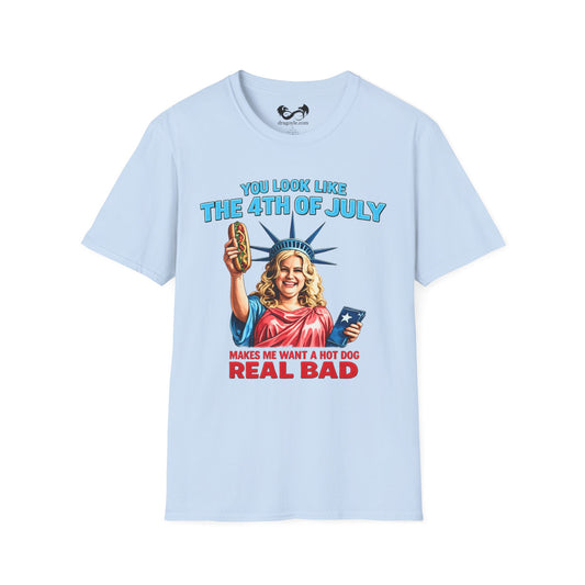 Light blue t-shirt with a graphic of a woman holding a hot dog and text on a white background